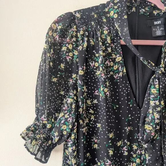 DKNY Floral-Print Tie-Neck Shift Dress Black Multi Size 14 - Picture 5 of 9